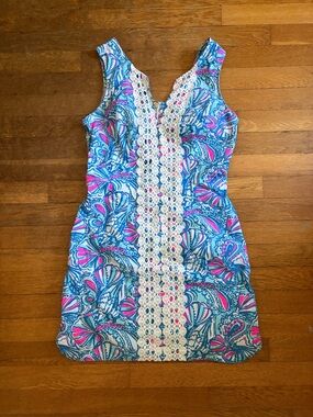 Lilly Pulitzer Blue & Pink Sleeveless Lace-Trim Mini Dress